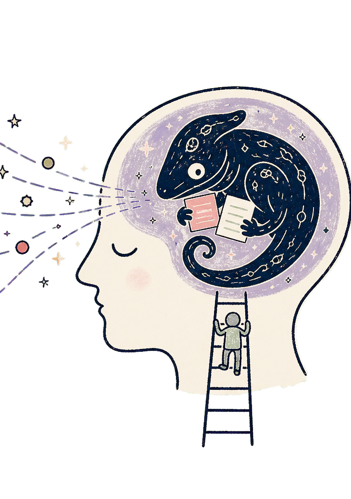 A translucent compact human profile with a few colorful signals entering a Chamelia creature inside the mind while a climber ascends a ladder