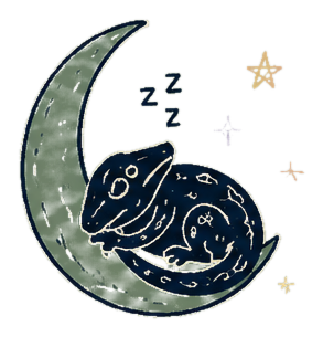 A hand-drawn Chamelia creature sleeping on a crescent moon