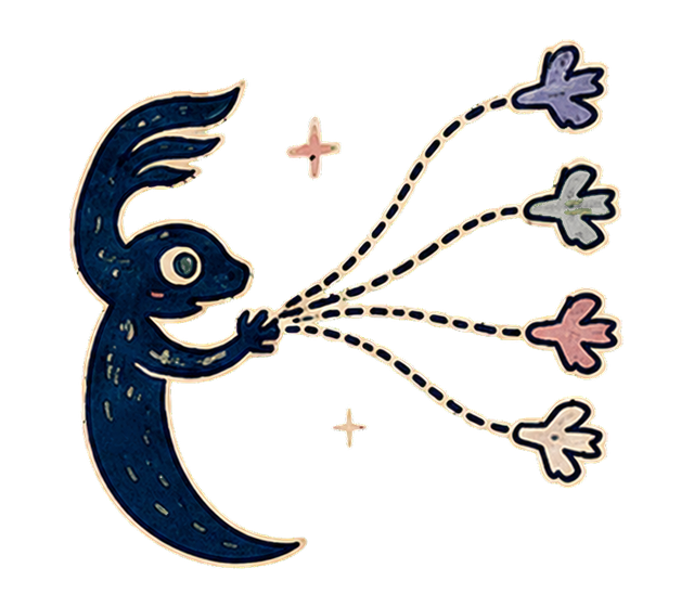 A complete hand-drawn Chamelia creature proposing actions
