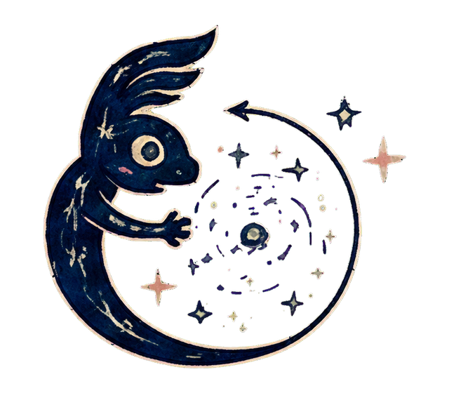 A complete hand-drawn Chamelia creature tending a swirl of memory